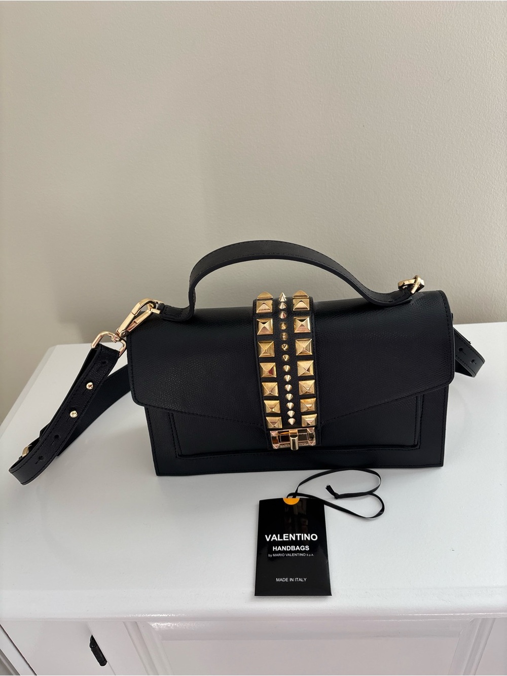 Valentino By Mario Valentino Titti Gold Studded Black Leather Crossbody